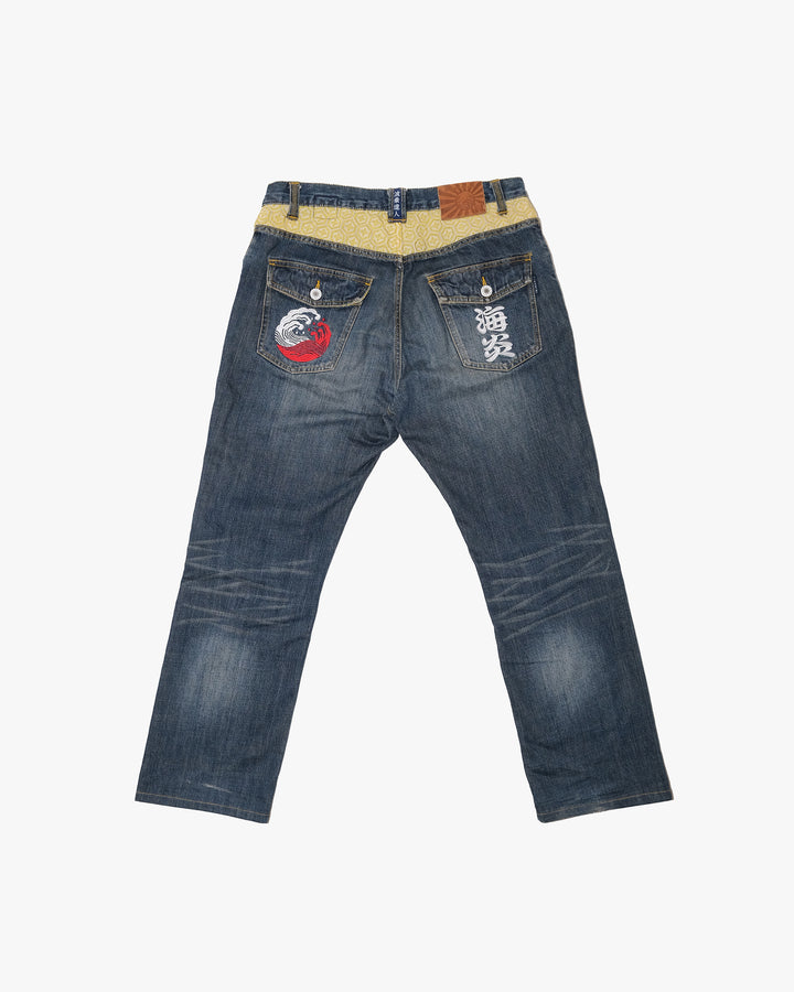 Japanese Repro Denim Jeans, XL, Namitatsu, Wave Embroidery