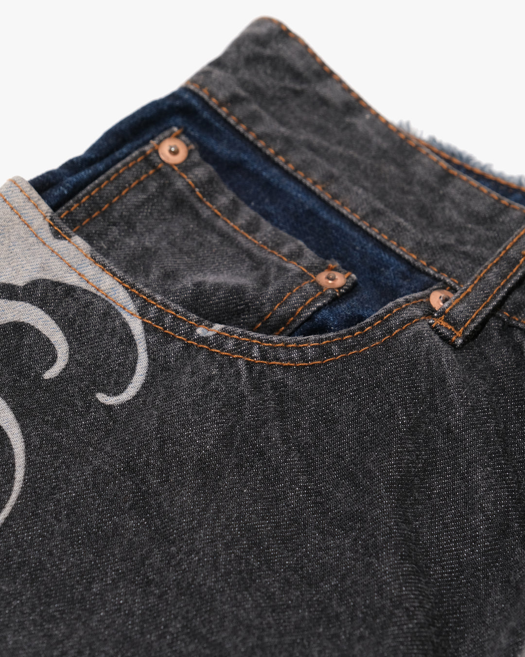 Japanese Repro Denim Jeans, W34, Hanatabi, Print Wave Embroidered Koi