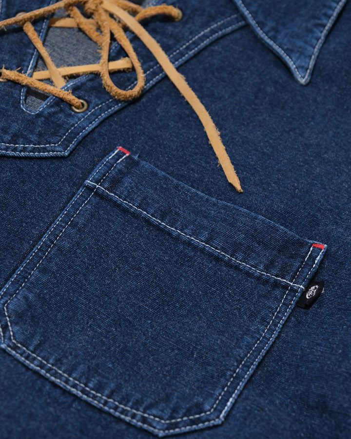 Japanese Repro Long-Sleeve Shirt, M, NICOLE, Dark Wash Denim Lace-Up Pullover