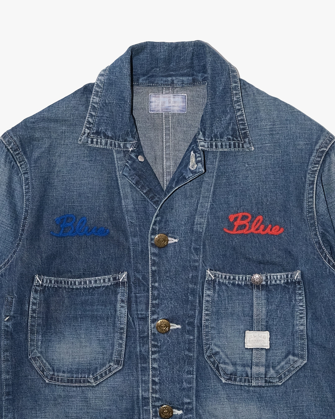 Japanese Repro Denim Work Jacket, S, Blue Blue, Indigo with Embroidered Lettering