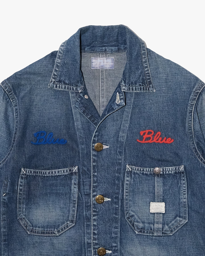 Japanese Repro Denim Work Jacket, S, Blue Blue, Indigo with Embroidered Lettering