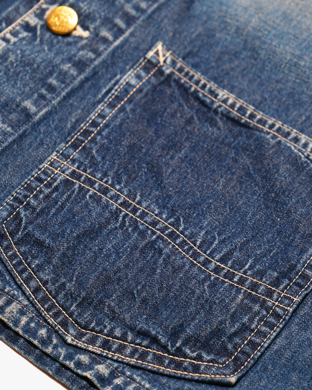 Japanese Repro Denim Work Jacket, S, Blue Blue, Indigo with Embroidered Lettering