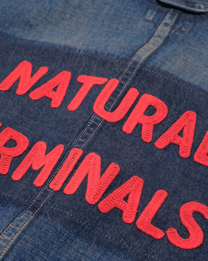 Japanese Repro Denim Work Jacket, S, Blue Blue, Indigo with Embroidered Lettering