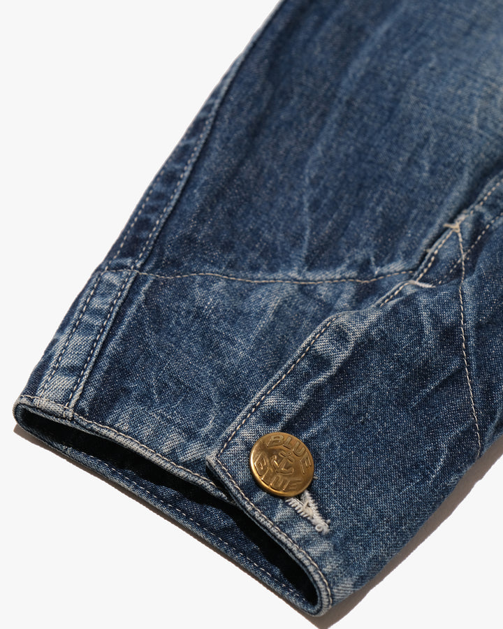 Japanese Repro Denim Work Jacket, S, Blue Blue, Indigo with Embroidered Lettering