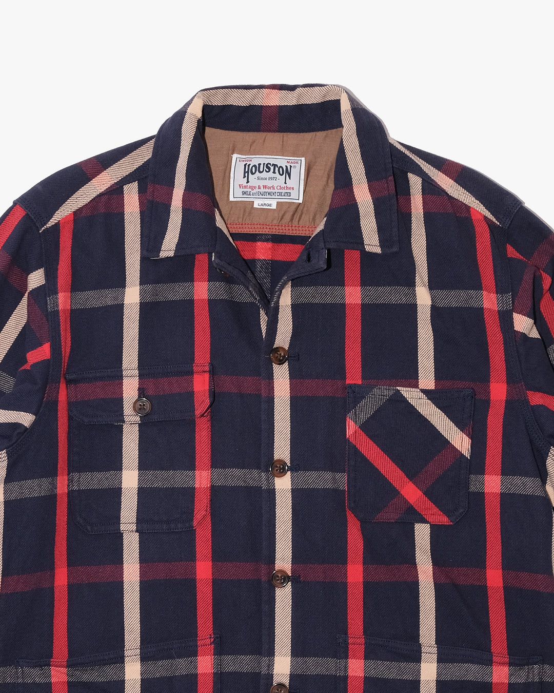Japanese Repro Flannel Shirt Jacket, L, Houston, Red and Beige Check