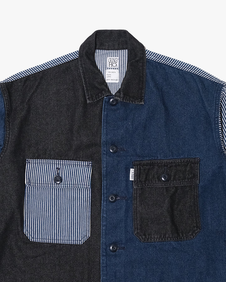 Japanese Repro Denim Work Jacket, M, GUNG HO × FREAK’S STORE, Mixed Denim and Hickory Stripe
