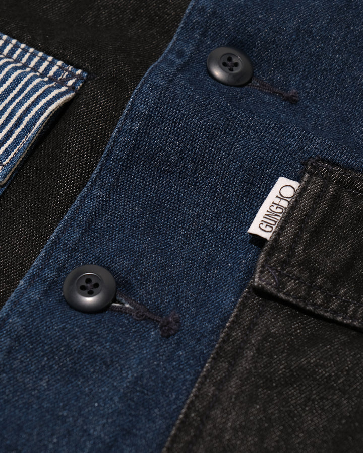 Japanese Repro Denim Work Jacket, M, GUNG HO × FREAK’S STORE, Mixed Denim and Hickory Stripe