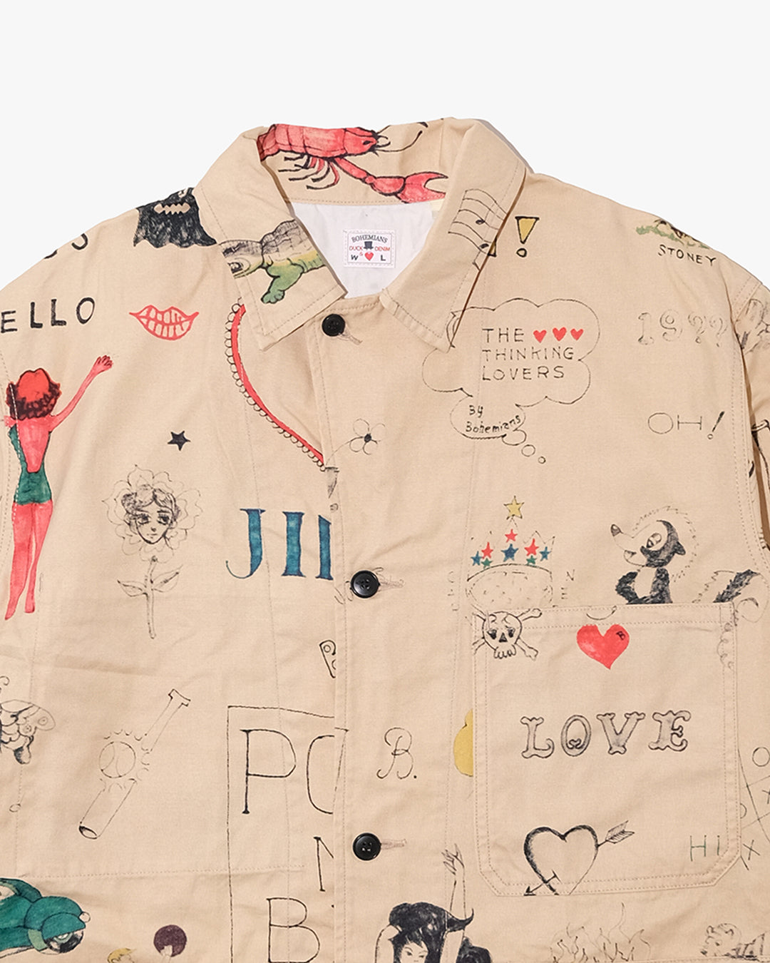 Japanese Repro Chore Jacket, L, Bohemians, Beige Allover Illustrated