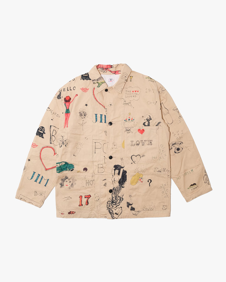Japanese Repro Chore Jacket, L, Bohemians, Beige Allover Illustrated