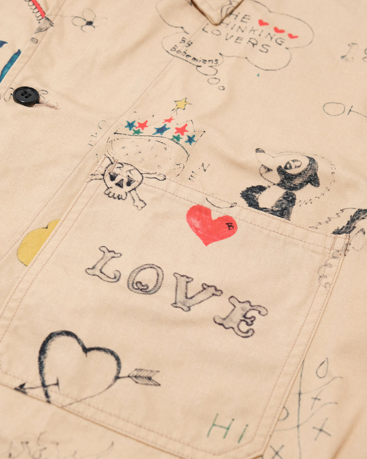 Japanese Repro Chore Jacket, L, Bohemians, Beige Allover Illustrated