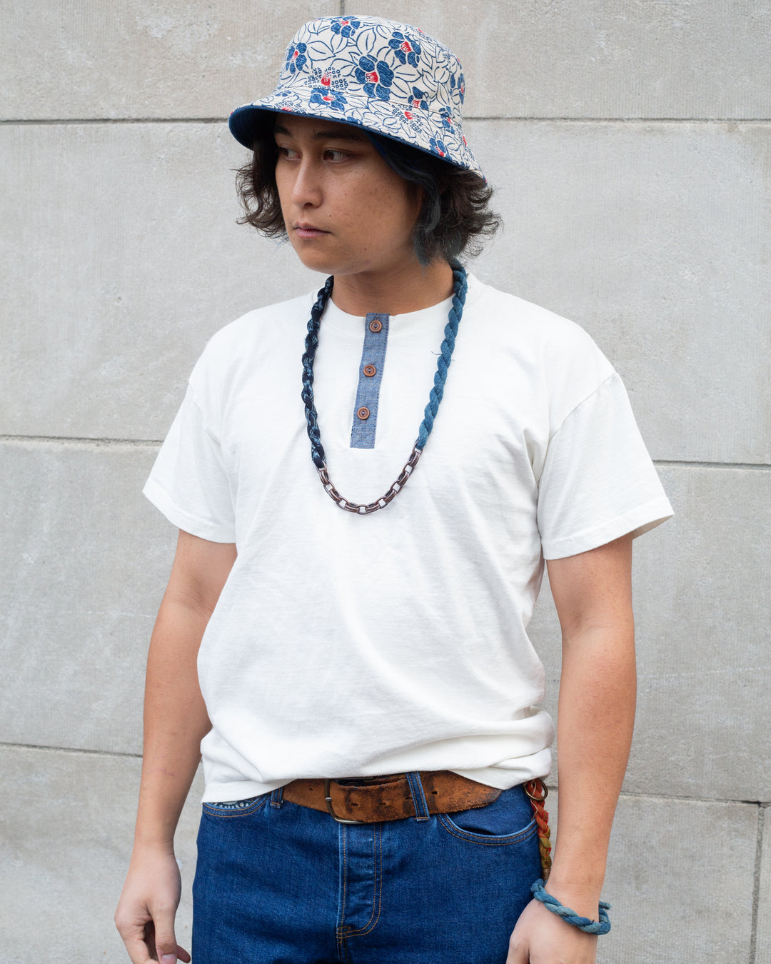 Kiriko Original Tee, 8oz Cotton, Henley Tee, Cream with Denim, Nami