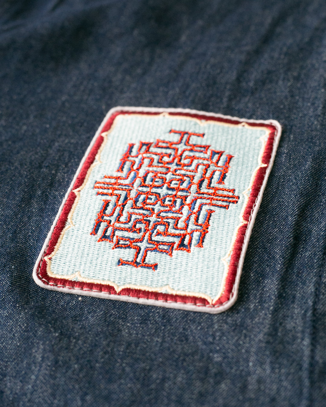 Kiriko Original Lightweight Mandarin Jacket, Dark Indigo Denim with Patches and Uroko