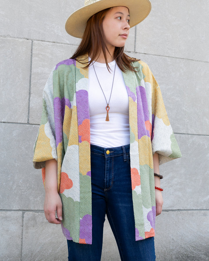 Vintage Haori Jacket, Full Shibori, MultiColor Cloud Pattern Yellow, Orange, Green, and Purple