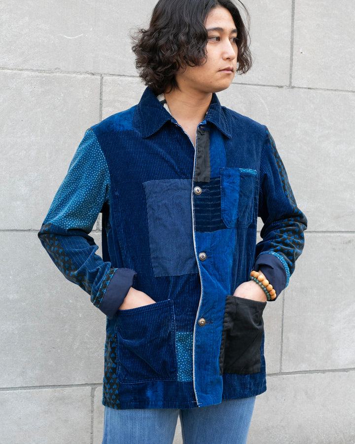 Japanese Repro Crushed Velvet Chore Coat Coverall, Bohemians Brand, Indigo Patch Work Multi Pattern - L