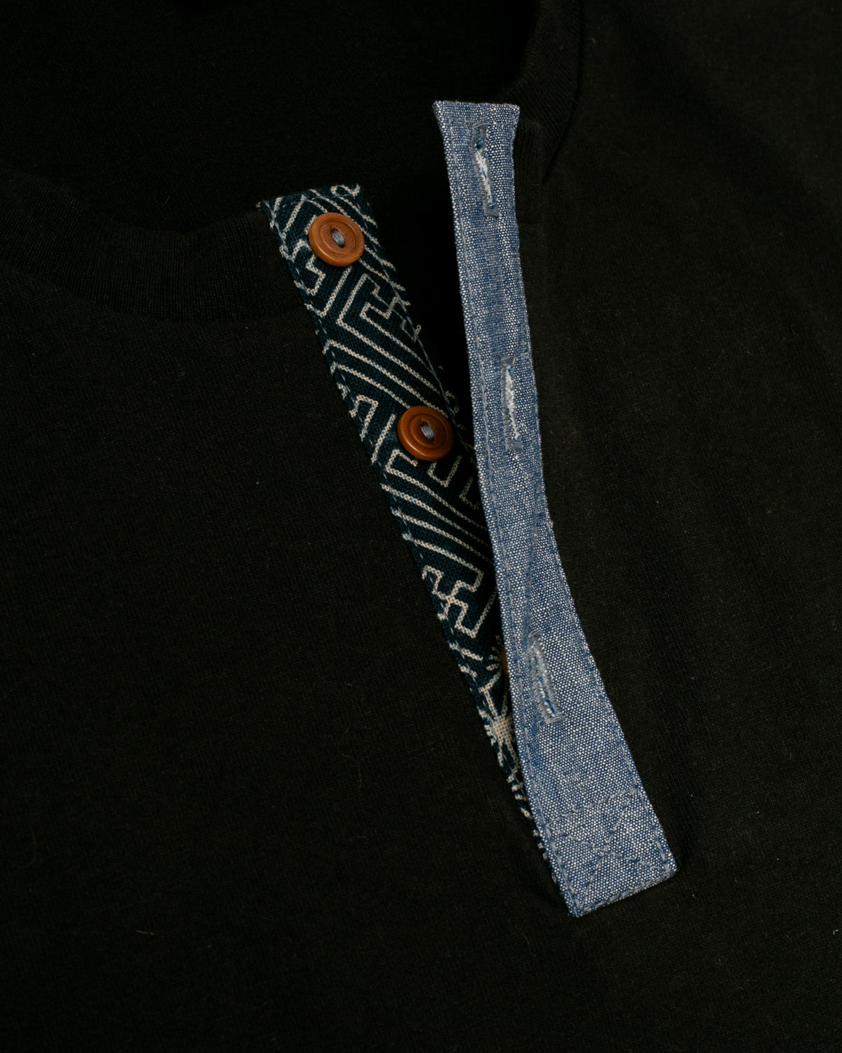 Kiriko Original Tee, 8oz Cotton, Henley Tee, Black with Chambray, Indigo Small Multi
