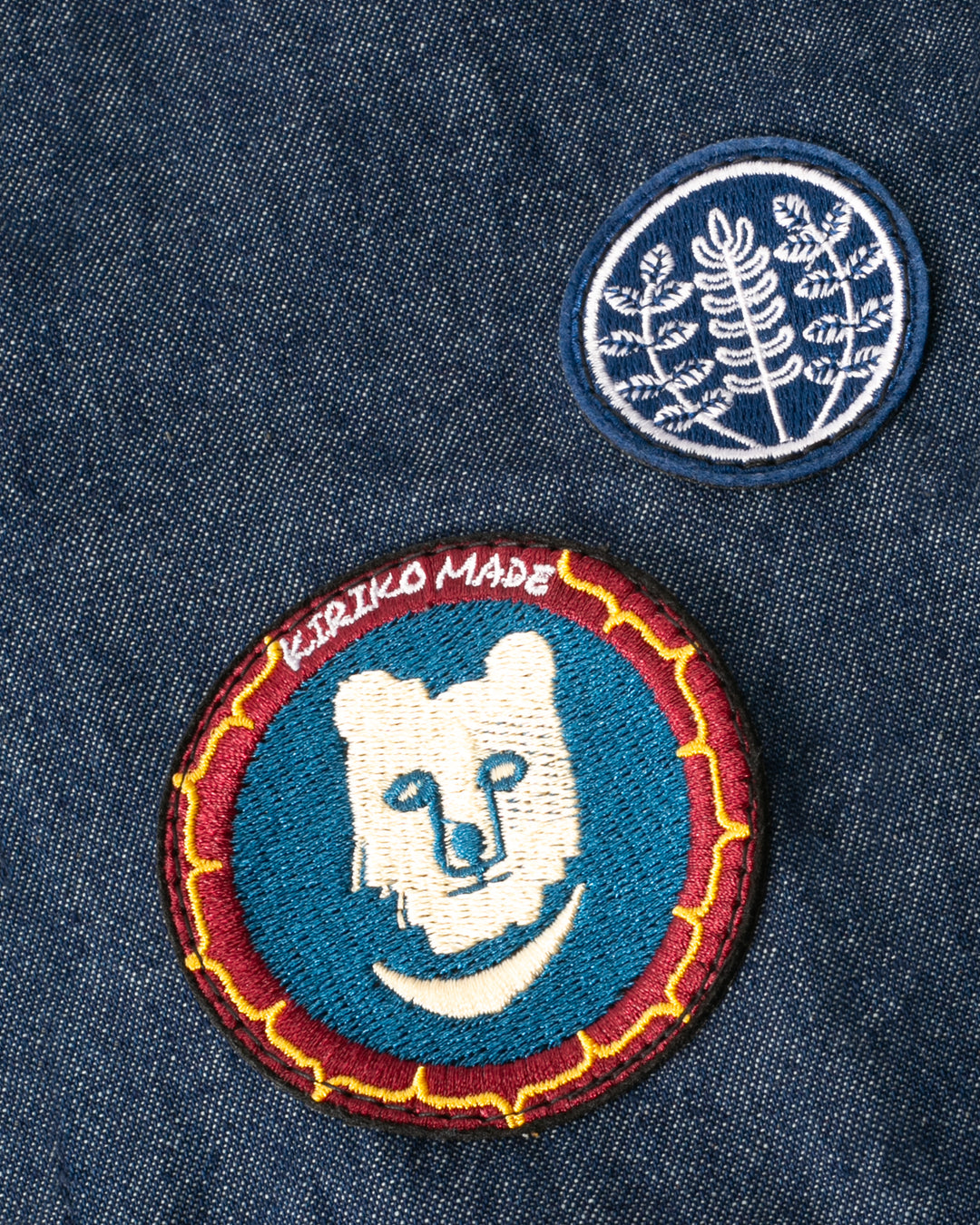 Kiriko Original Lightweight Mandarin Jacket, Dark Indigo Denim with Patches and Uroko