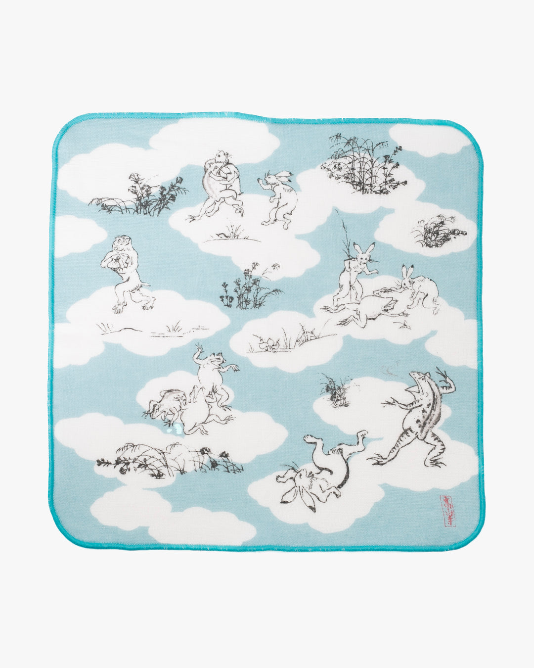 Musubi, Gauze Pile Handkerchief, Choju Jinbutsu Giga, Sumo, Blue, 10" x 10"