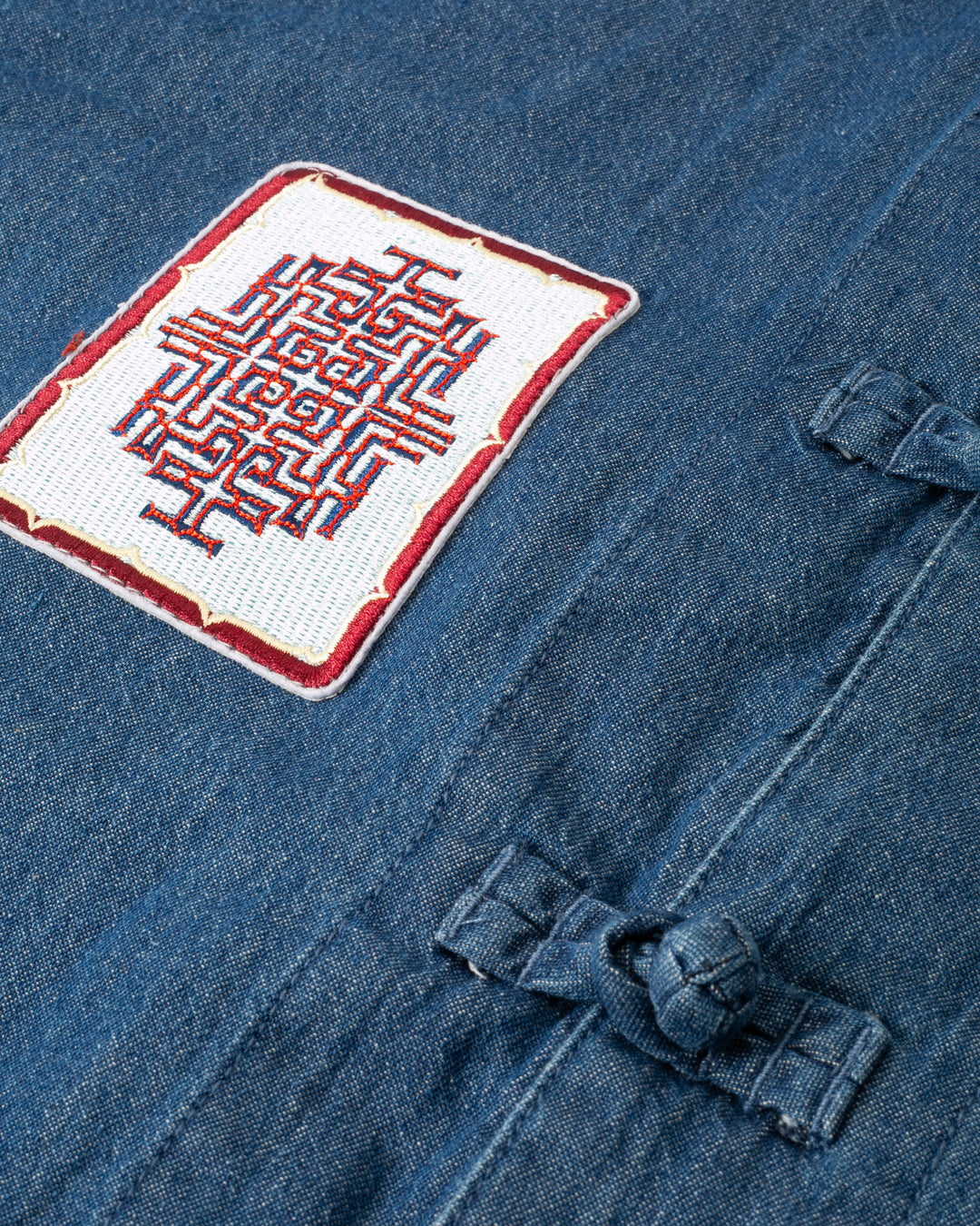 Kiriko Original Lightweight Mandarin Jacket, Light Indigo Denim with Patches and Red Shima