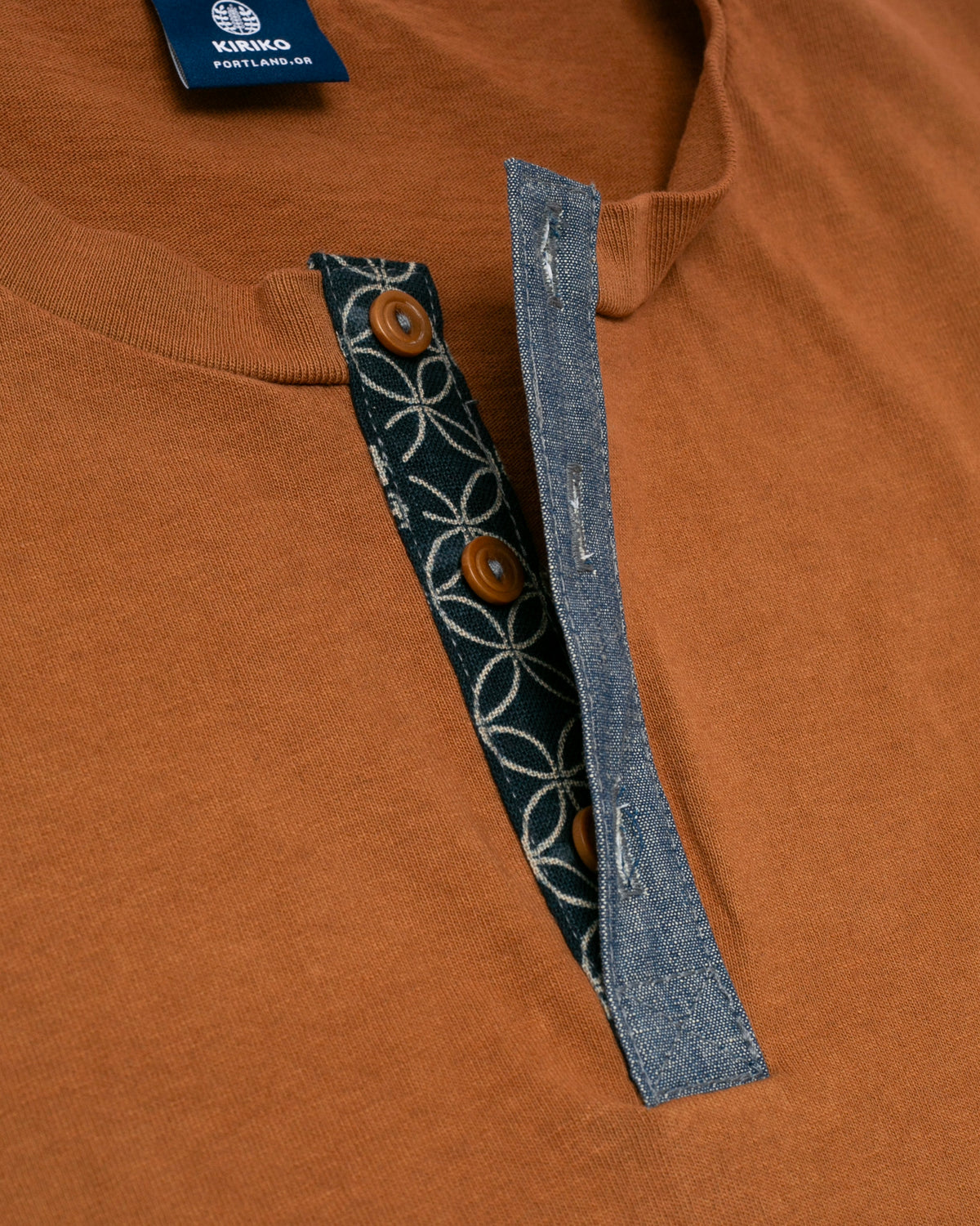 Kiriko Original Tee, 8oz Cotton, Henley Tee, Terracotta with Chambray, Indigo Shippou