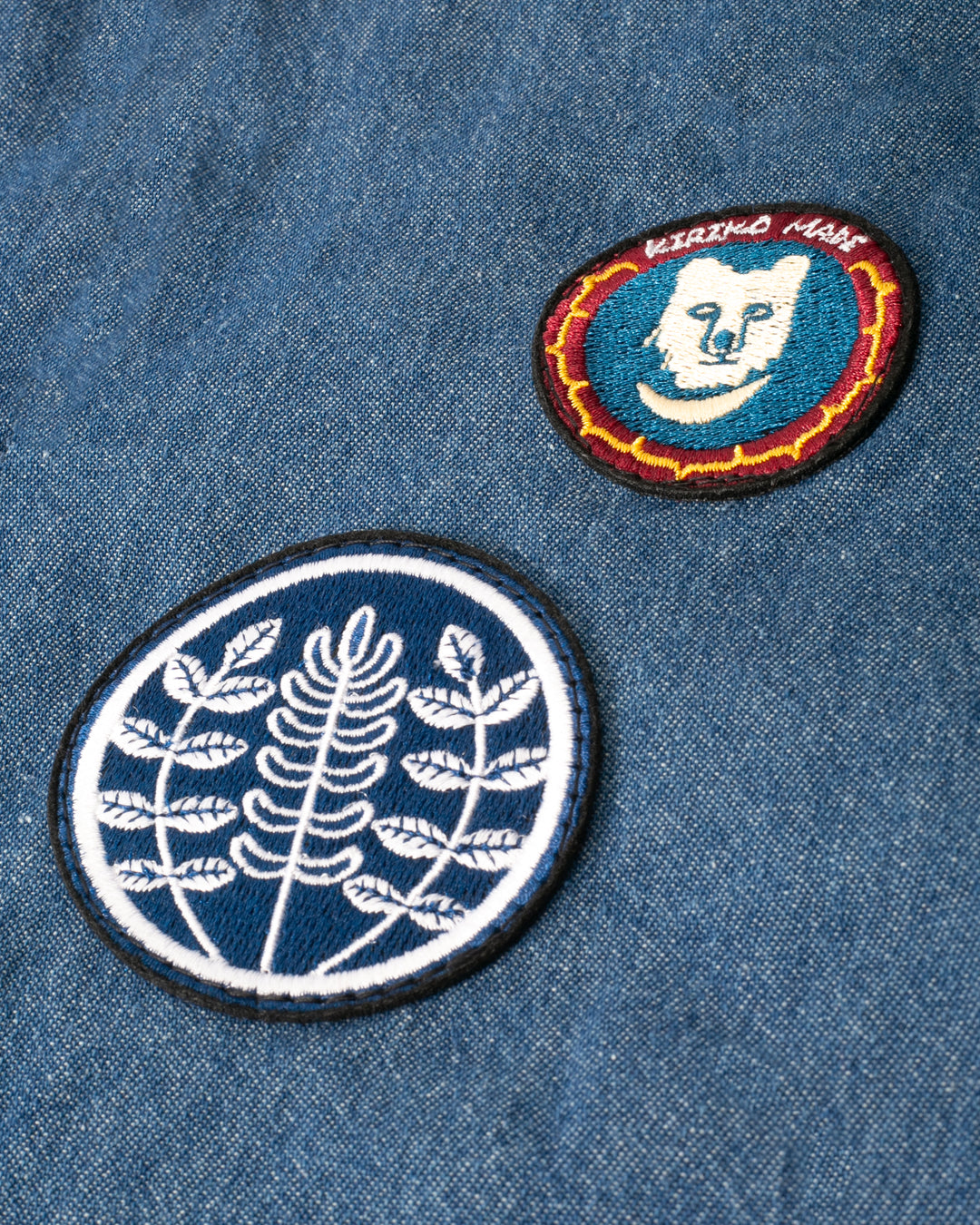 Kiriko Original Lightweight Mandarin Jacket, Light Indigo Denim with Patches and Red Shima