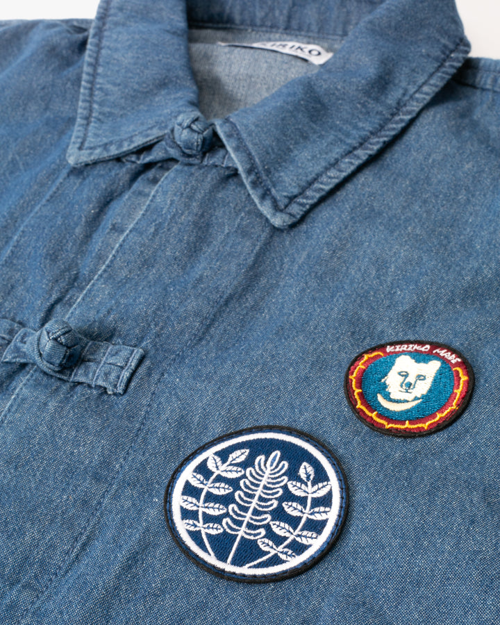 Kiriko Original Lightweight Mandarin Jacket, Light Indigo Denim with Patches and Red Shima