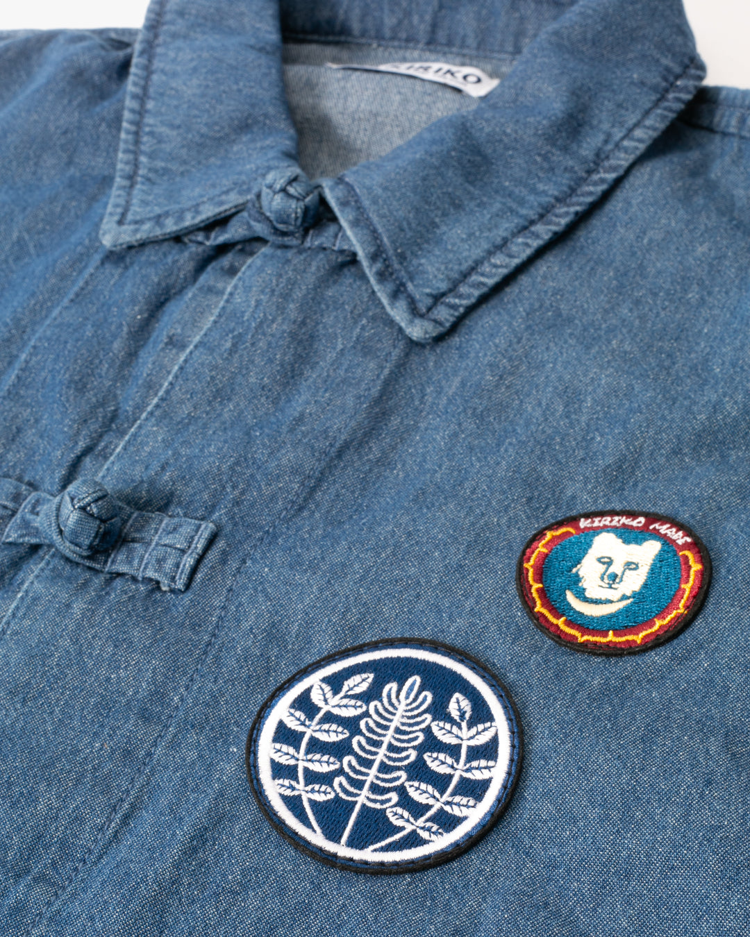 Kiriko Original Lightweight Mandarin Jacket, Light Indigo Denim with Patches and Red Shima