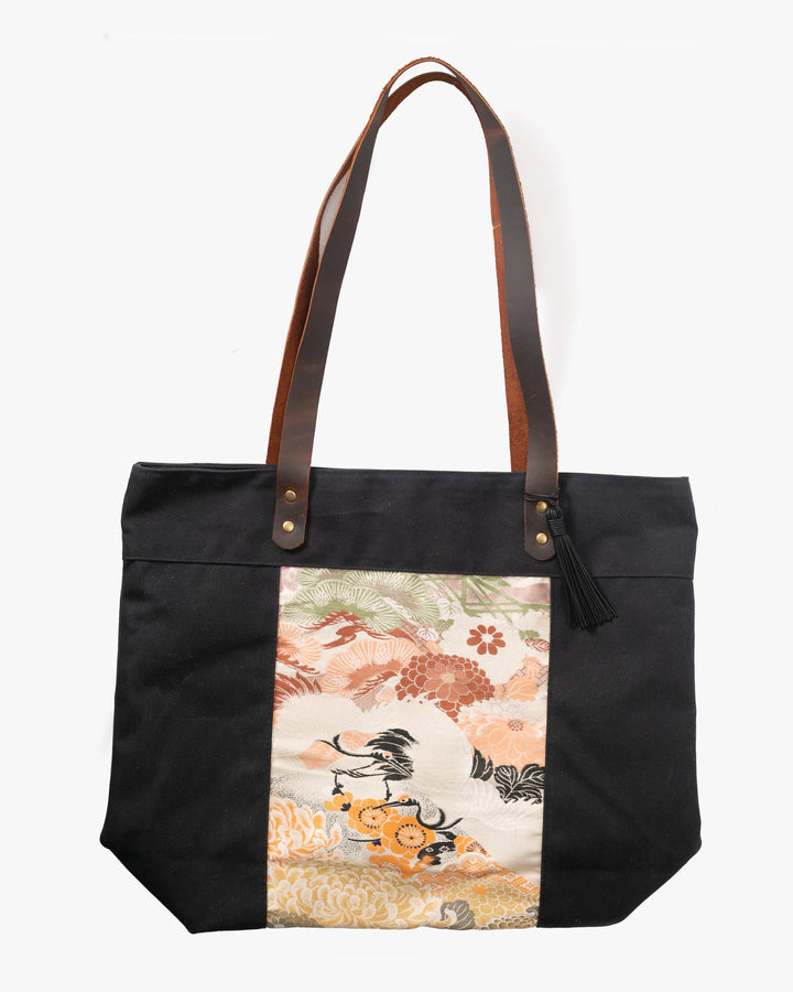 Kiriko Original Waxed Canvas Obi Tote Bag, Black, Tsuru and Peony and Chrysanthemum