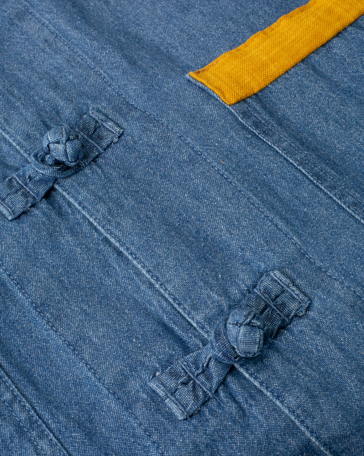 Kiriko Original Lightweight Mandarin Jacket, Light Indigo Denim with Patches and Red Shima