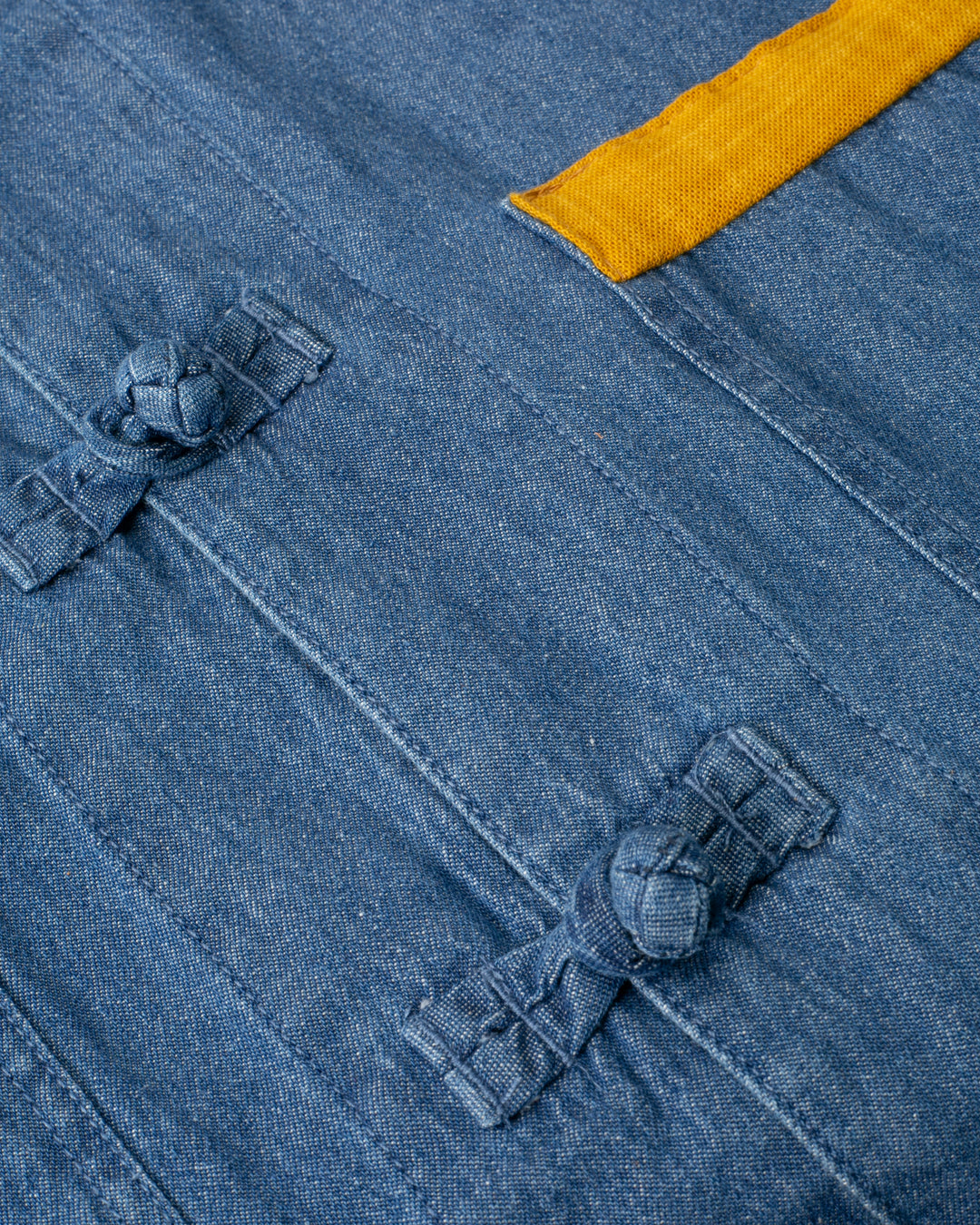 Kiriko Original Lightweight Mandarin Jacket, Light Indigo Denim with Patches and Red Shima
