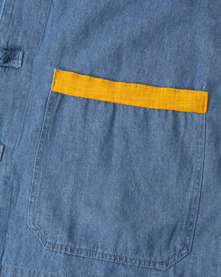 Kiriko Original Lightweight Mandarin Jacket, Light Indigo Denim with Patches and Red Shima