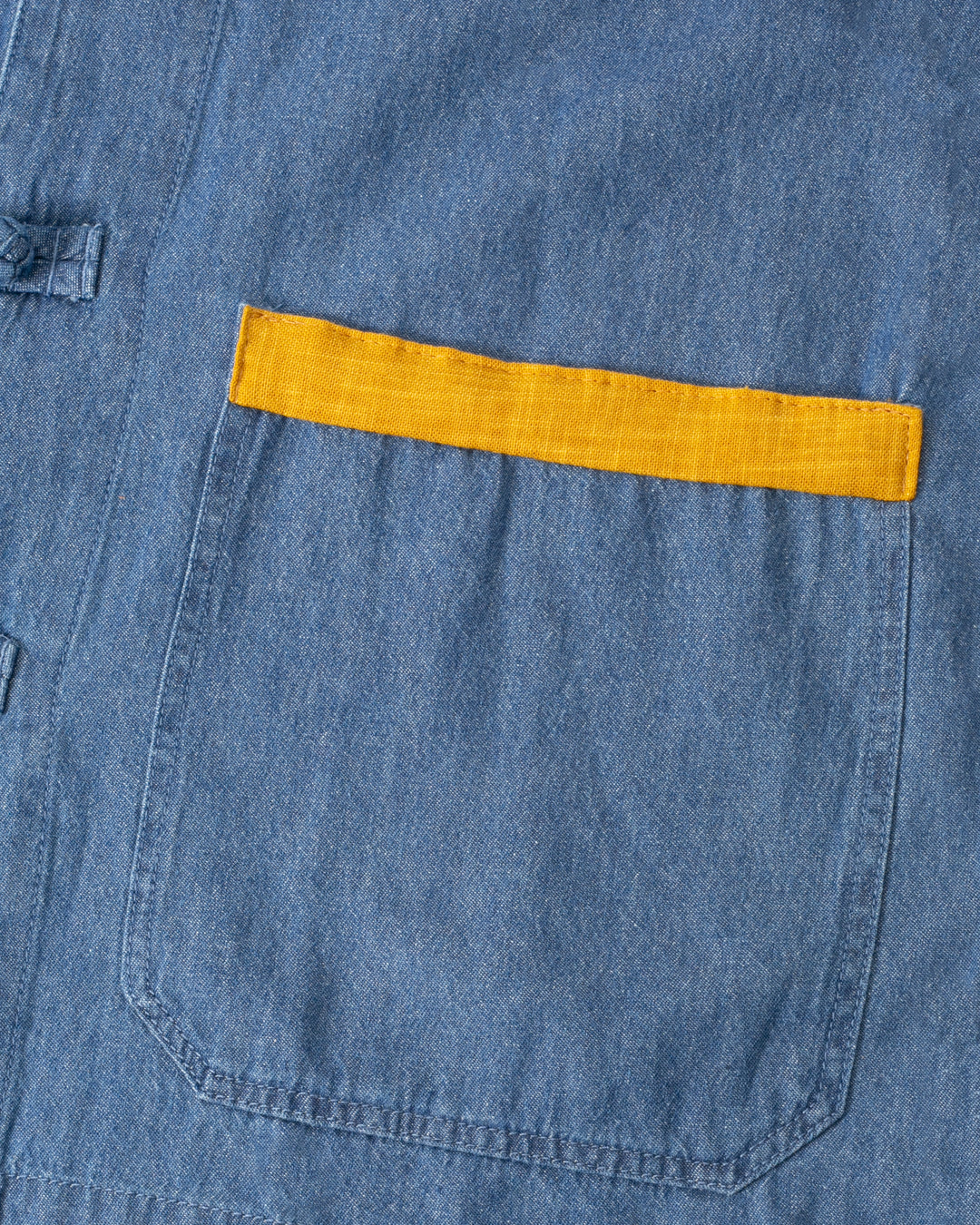 Kiriko Original Lightweight Mandarin Jacket, Light Indigo Denim with Patches and Red Shima