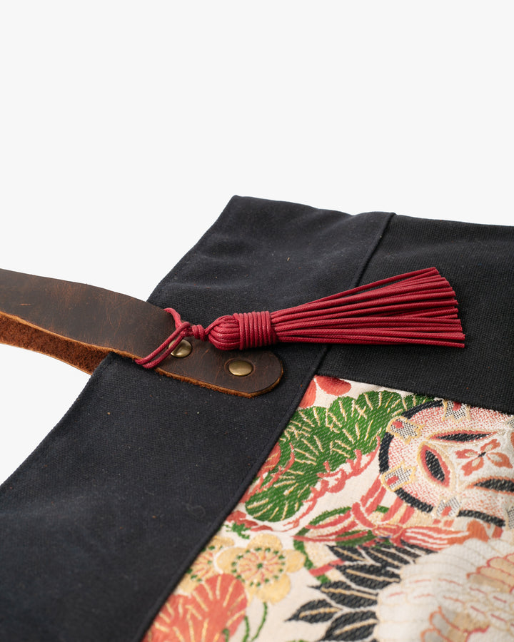 Kiriko Original Waxed Canvas Obi Tote Bag, Black, Tsuru and Kozuchi
