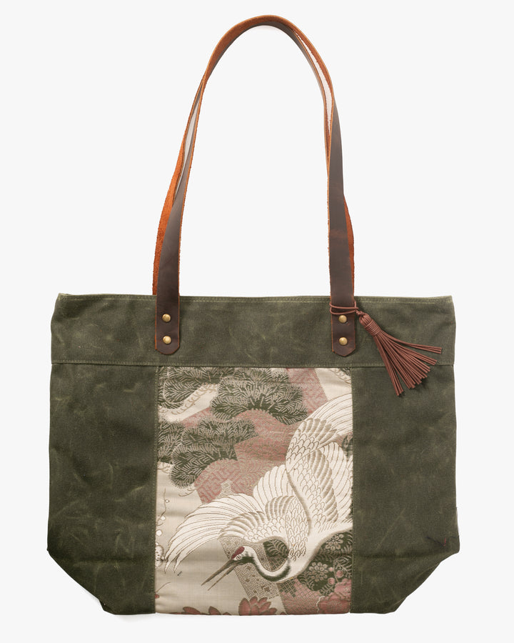 Kiriko Original Waxed Canvas Obi Tote Bag, Green, Tsuru and Pine