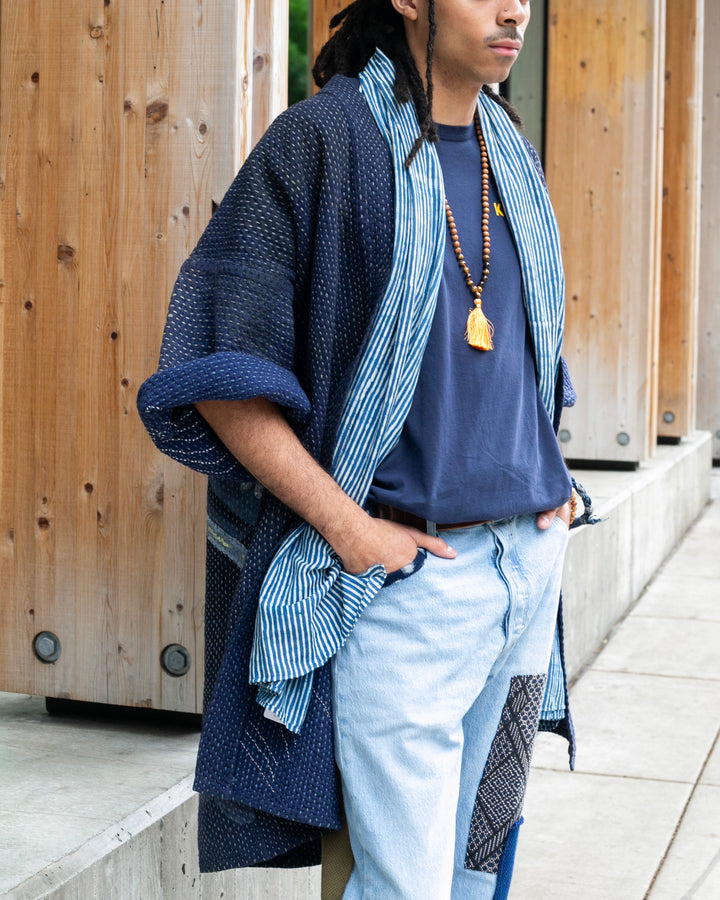 Vintage Noragi Jacket, Hand-Stitched Sashiko and Painted Eagle and Samurai