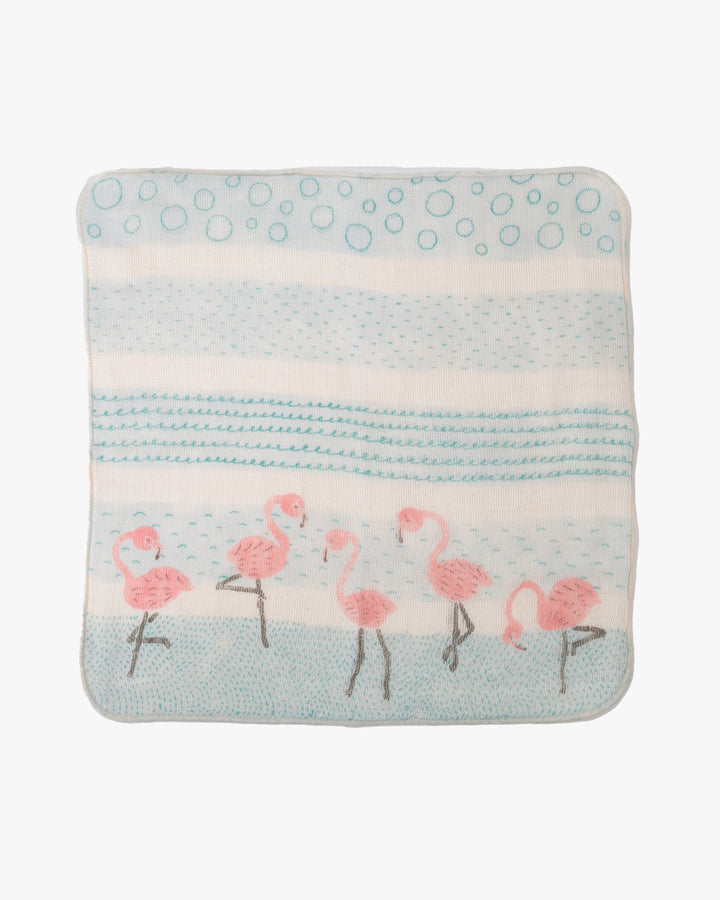 Musubi Organic, Quadrupled Layered Gauze Handkerchief, Kayo Aoyama, Flamingo, Blue, 10" x 10"