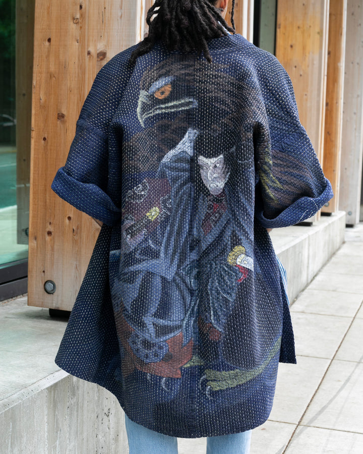Vintage Noragi Jacket, Hand-Stitched Sashiko and Painted Eagle and Samurai