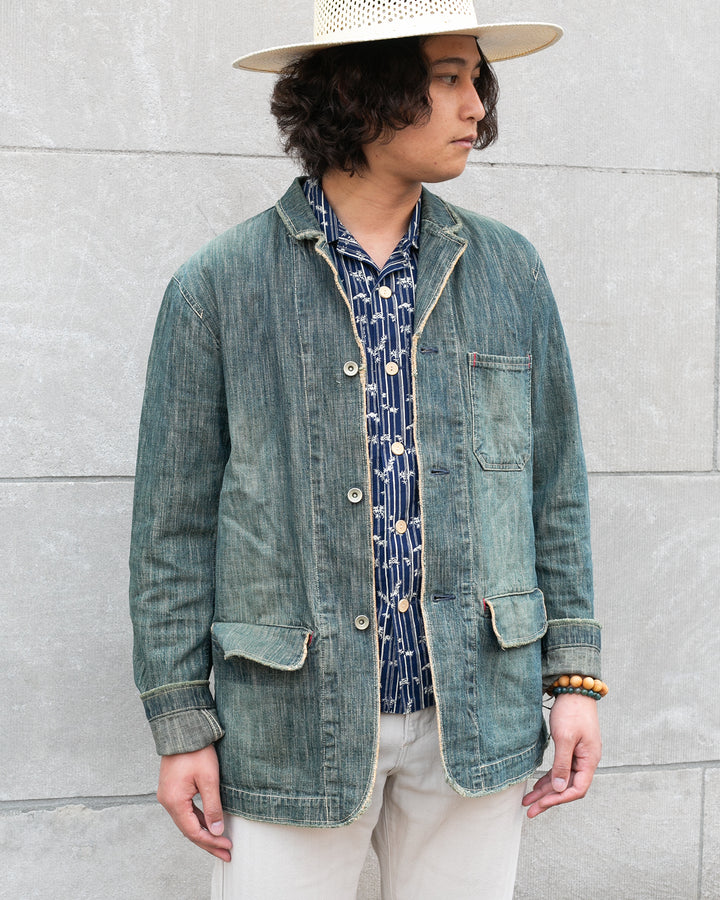 Japanese Repro Broken Twill Denim Jacket, Eternal Brand, Denim with cream and Red Accents - L