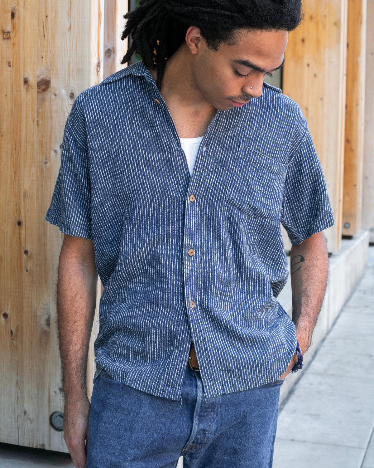 Japanese Repro Short Sleeve Button Up Shirt, L, Gaijin Made, Embroidered Striped Navy