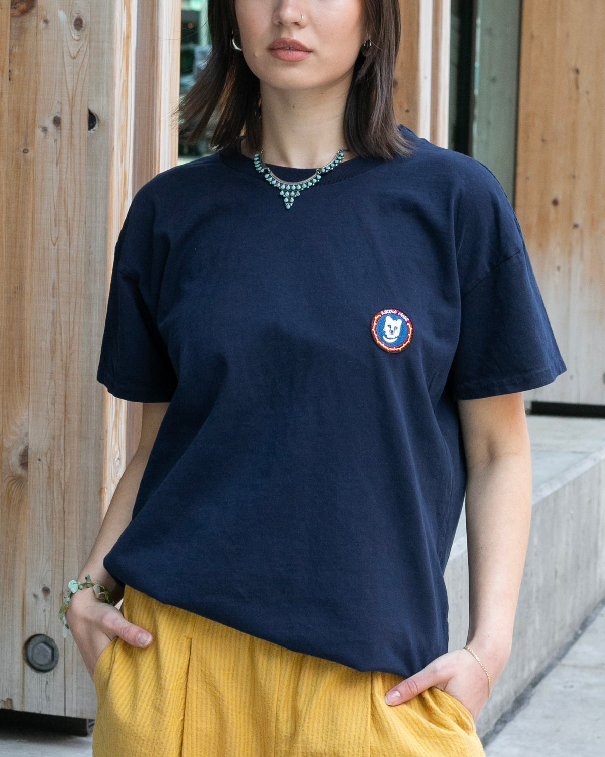 Kiriko Original Tee, 8 oz Cotton,  Navy with Pink Jacquard Weave Inlay