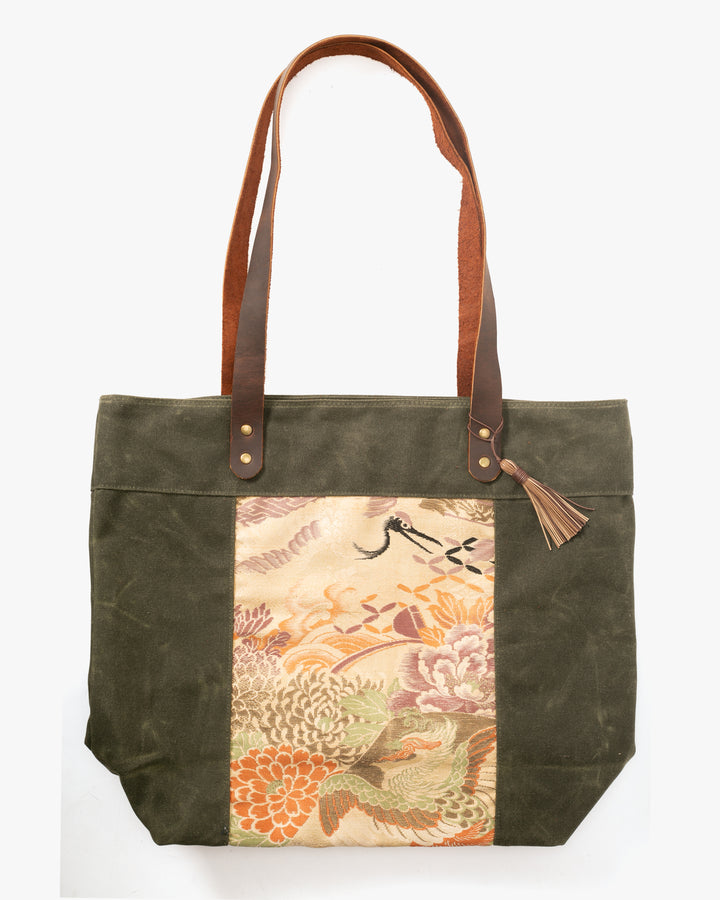 Kiriko Original Waxed Canvas Obi Tote Bag, Green, Kiku and Tsuru and Phoenix