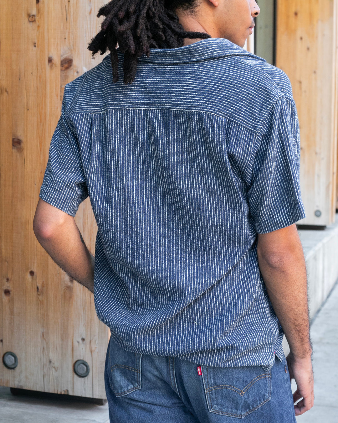 Japanese Repro Short Sleeve Button Up Shirt, L, Gaijin Made, Embroidered Striped Navy