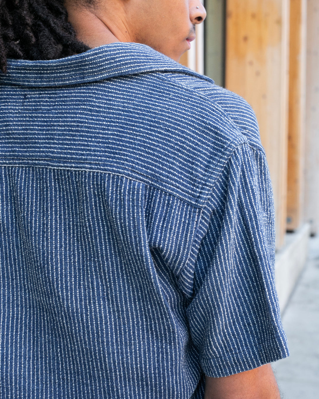Japanese Repro Short Sleeve Button Up Shirt, L, Gaijin Made, Embroidered Striped Navy