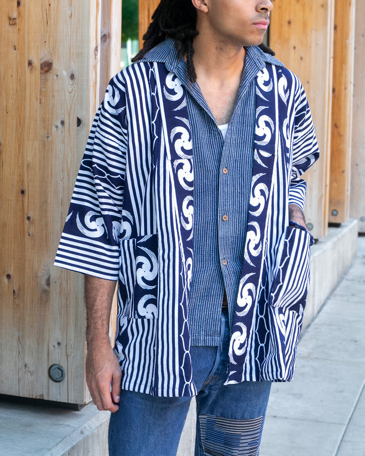 Kiriko Custom, Altered Yukata Jacket, Indigo with White Shima and Tomoe