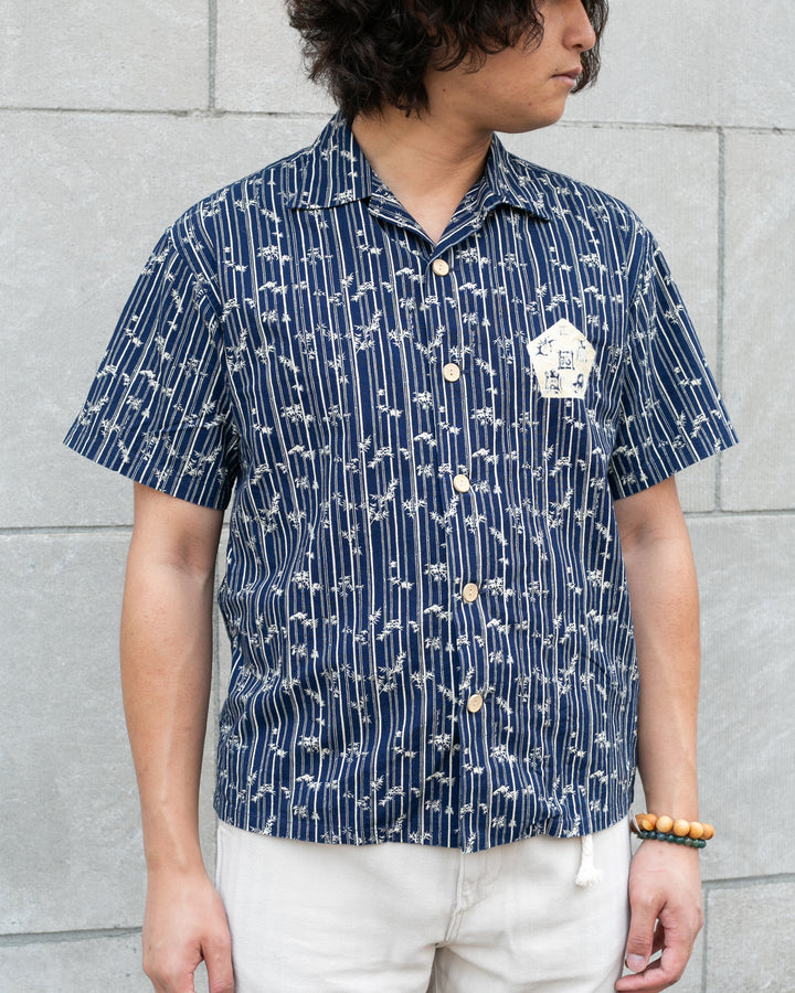 Japanese Repro, Short Sleeve Aloha Shirt, Pherrows Brand, Indigo, Tiger with Chest Patch, Small Leaves and stripes - S