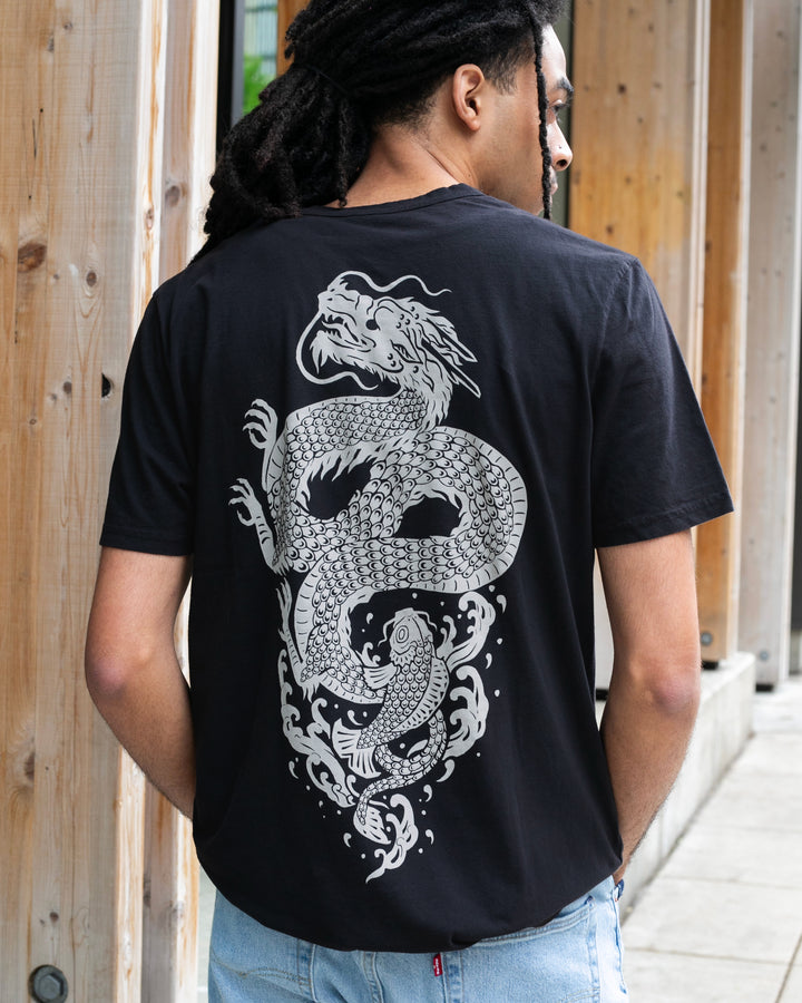 Kiriko Original Tee, 6 oz Cotton, Black with Cool Grey Koi-Dragon