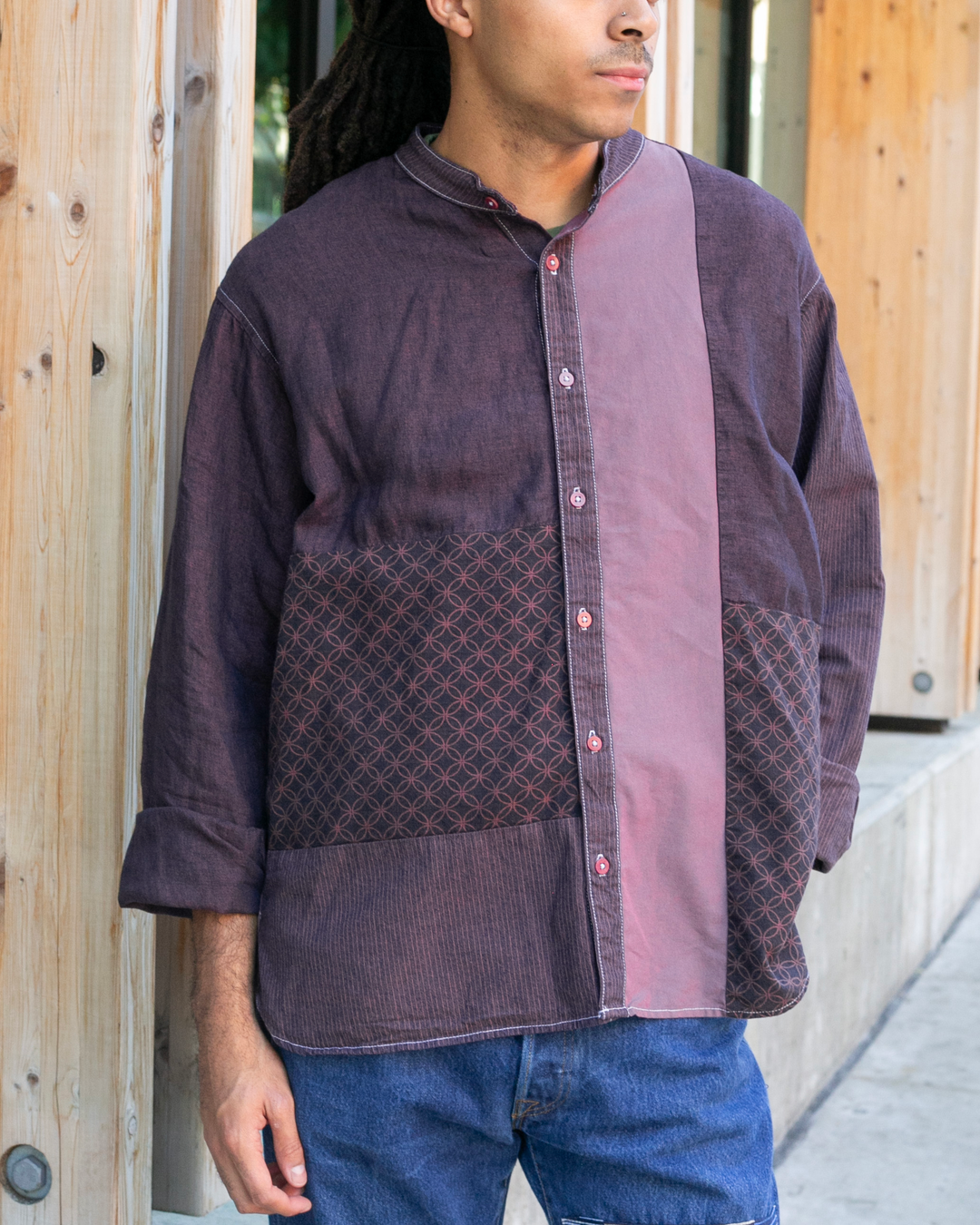 Kiriko Original Shirt, Long Sleeve Button-Up, Mandarin Collar, Purple Chambray with Indigo Patchwork Style, One Wash