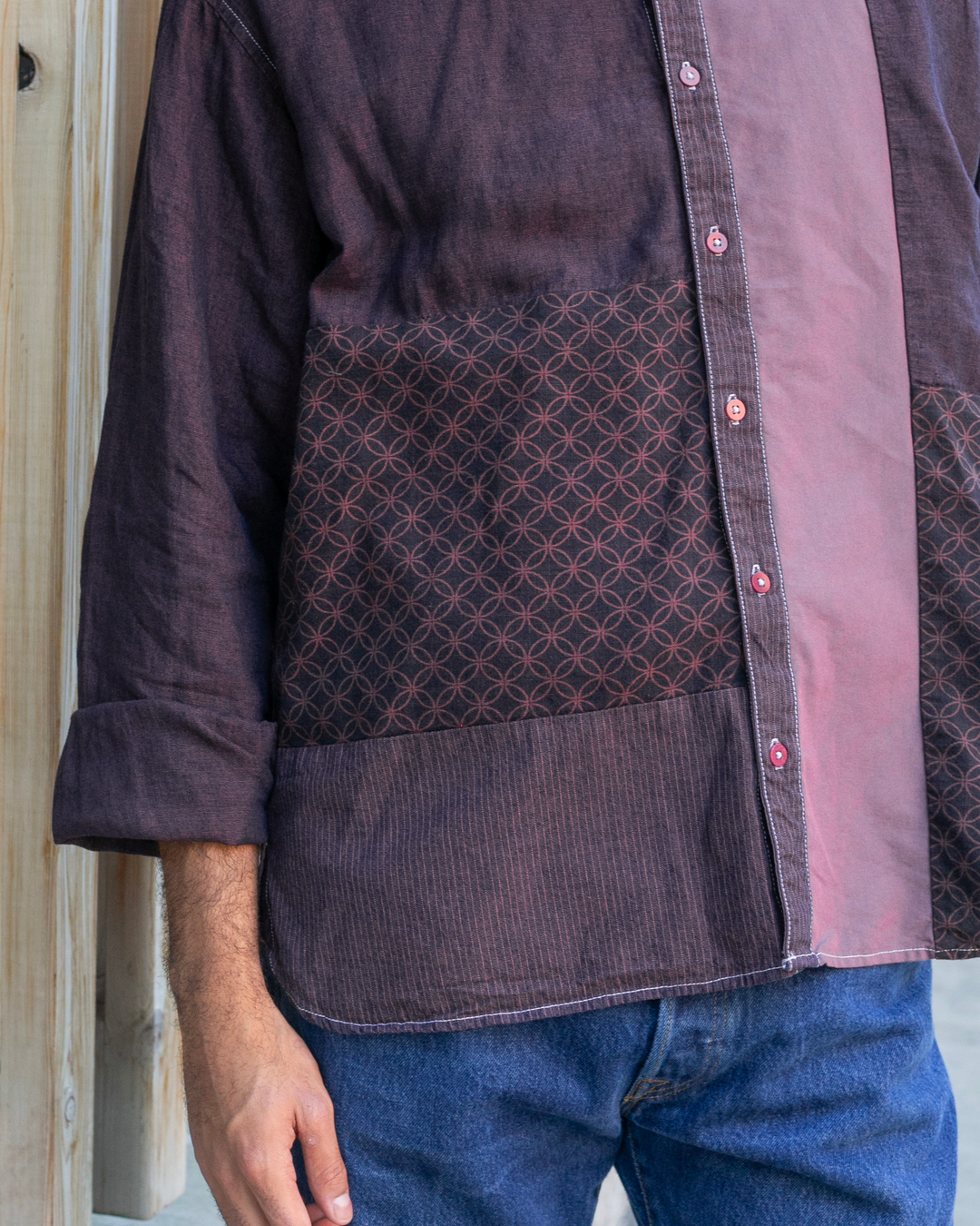 Kiriko Original Shirt, Long Sleeve Button-Up, Mandarin Collar, Purple Chambray with Indigo Patchwork Style, One Wash