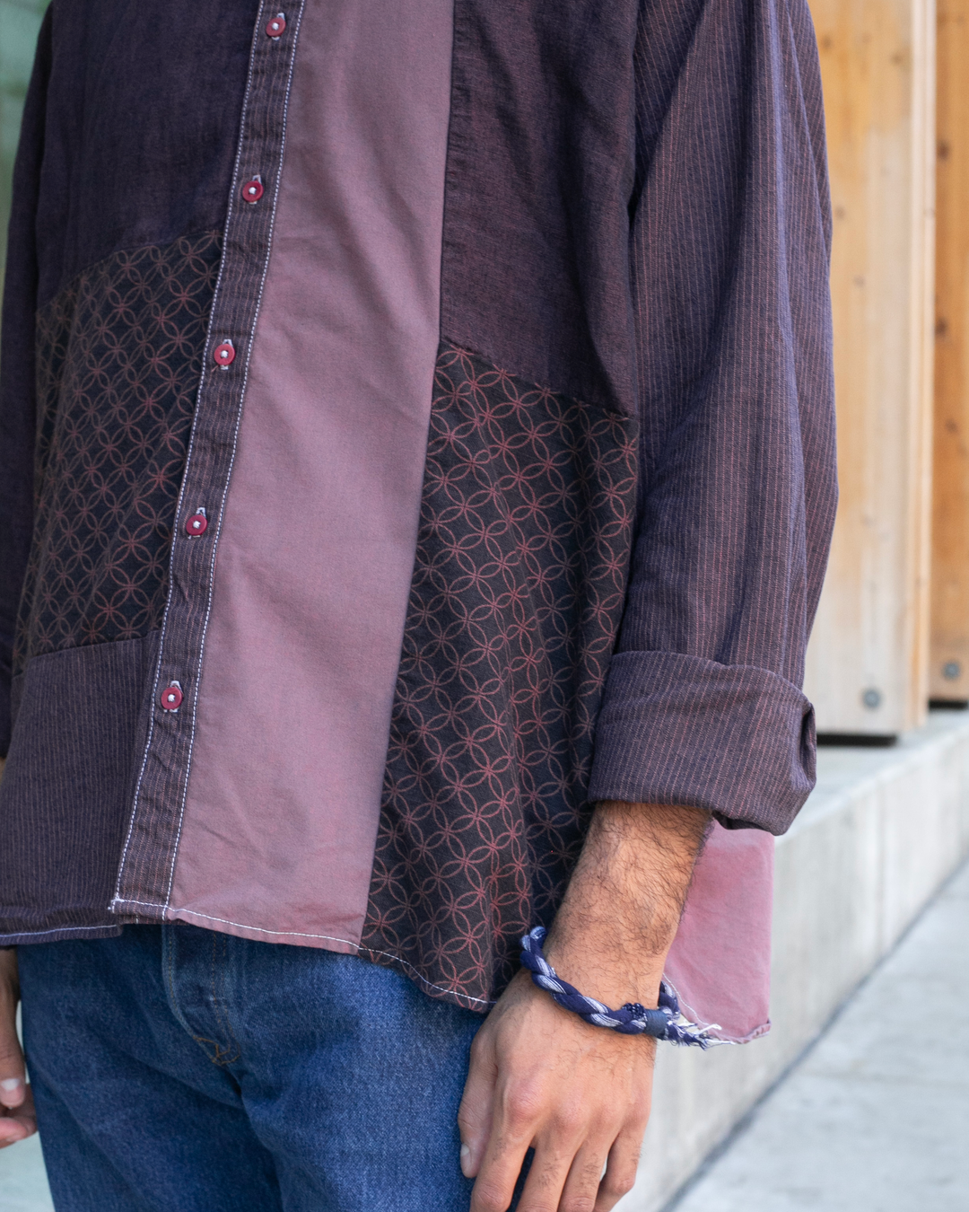 Kiriko Original Shirt, Long Sleeve Button-Up, Mandarin Collar, Purple Chambray with Indigo Patchwork Style, One Wash