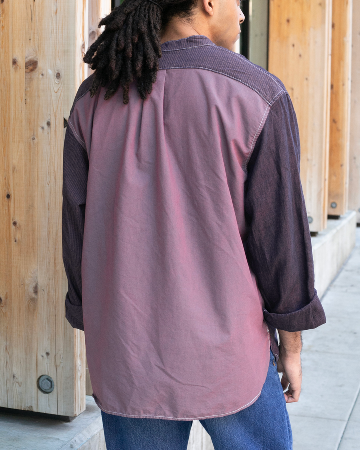 Kiriko Original Shirt, Long Sleeve Button-Up, Mandarin Collar, Purple Chambray with Indigo Patchwork Style, One Wash