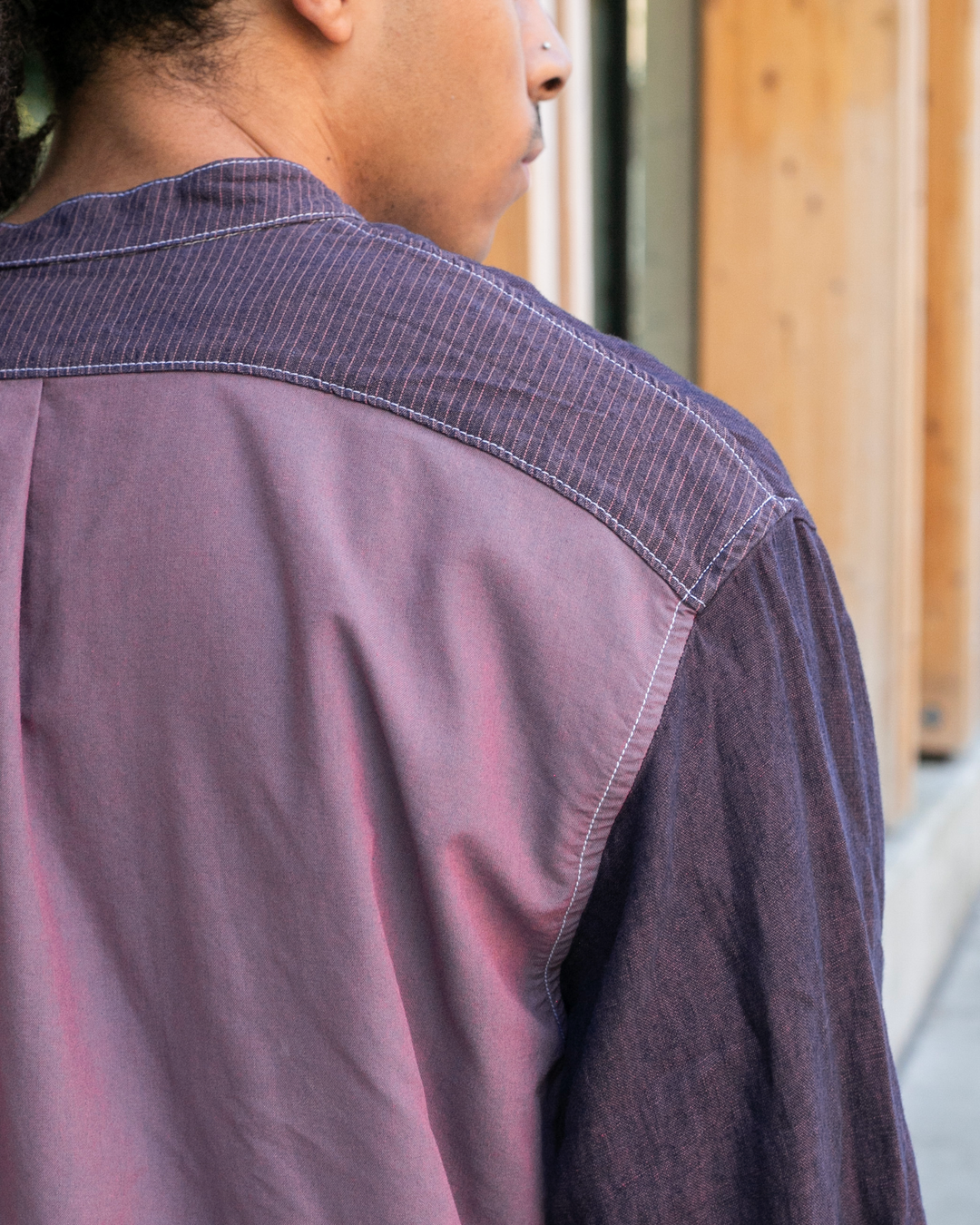 Kiriko Original Shirt, Long Sleeve Button-Up, Mandarin Collar, Purple Chambray with Indigo Patchwork Style, One Wash